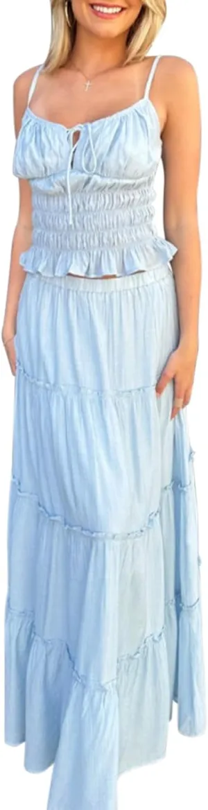 Women Summer 2 Piece Maxi Skirt Set Halter Lace Backless Cami Top Ruched Skirts Set Flowy Outfits Beachwear