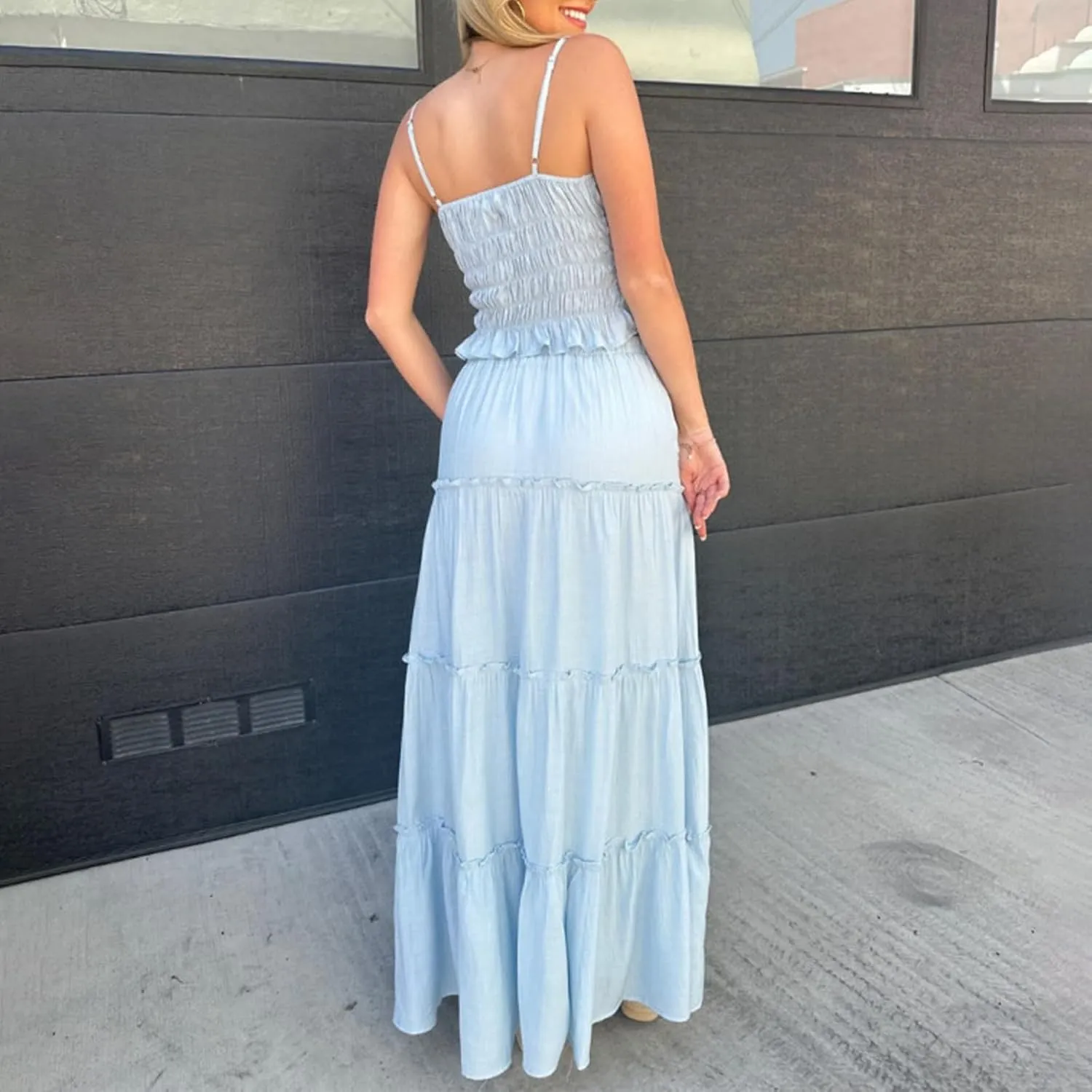 Women Summer 2 Piece Maxi Skirt Set Halter Lace Backless Cami Top Ruched Skirts Set Flowy Outfits Beachwear