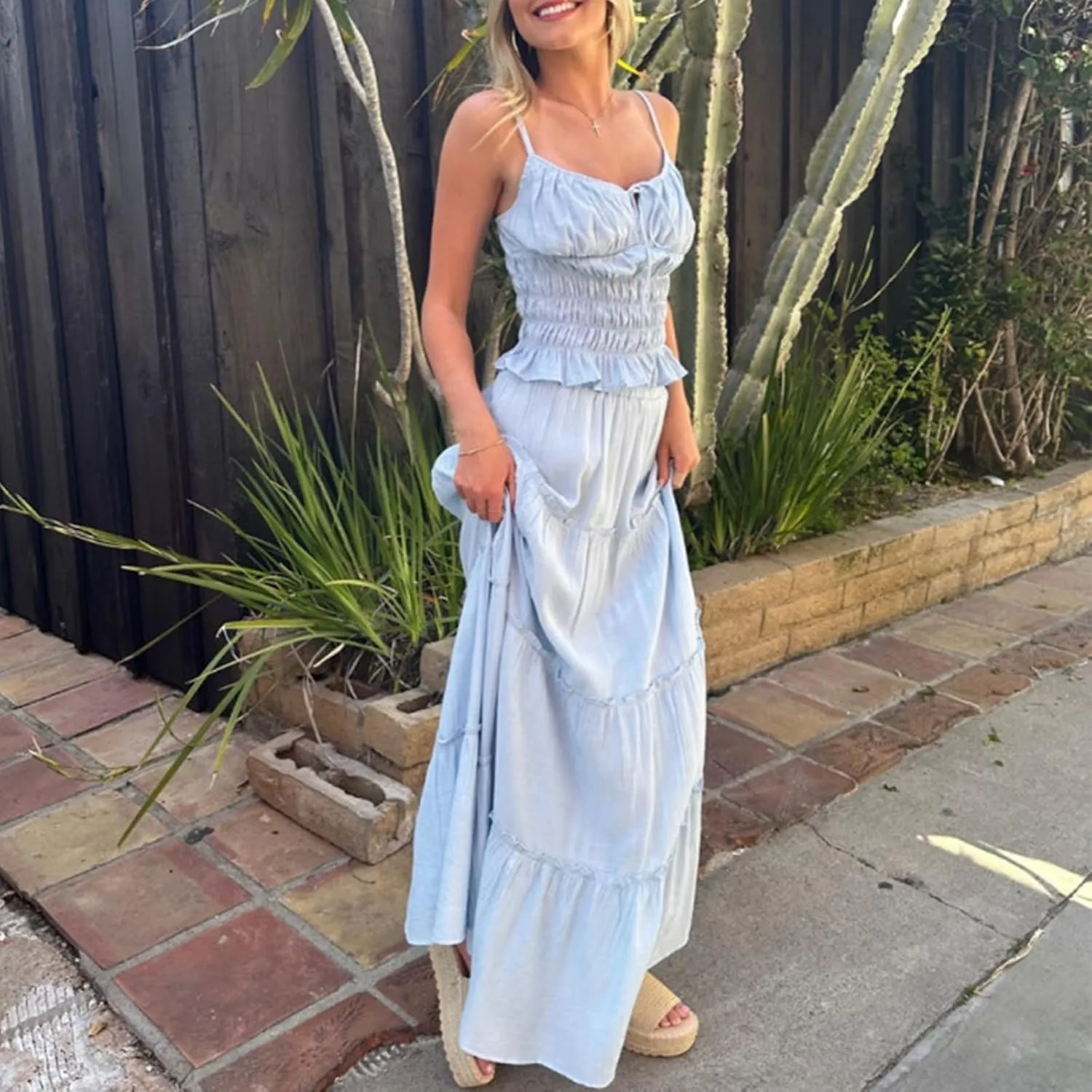 Women Summer 2 Piece Maxi Skirt Set Halter Lace Backless Cami Top Ruched Skirts Set Flowy Outfits Beachwear