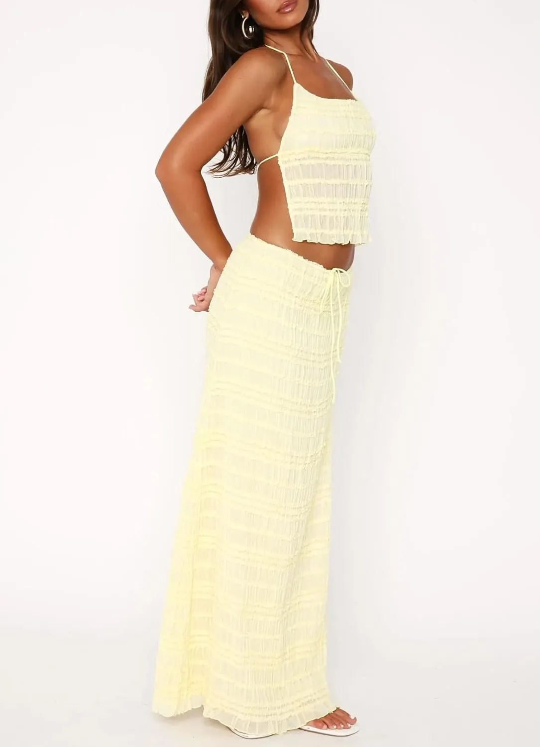 Women Summer 2 Piece Maxi Skirt Set Halter Lace Backless Cami Top Ruched Skirts Set Flowy Outfits Beachwear