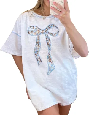 Women Summer Baggy Short Sleeve Tops Crew Neck Lace Floral Big Bow Pattern Oversized Shirt Loose Graphic Tees