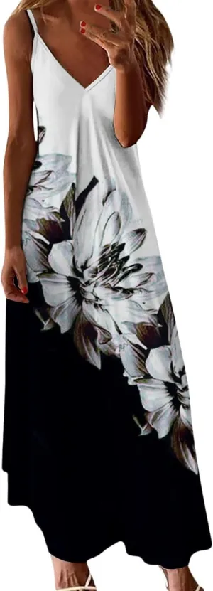 Women Summer Casual Short Sleeve Dresses Long Skirt Casual Flower Sleeveless Flutter Short Sleeve V Neck Button Down