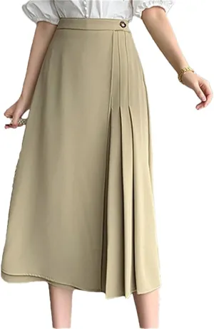 Women Summer Elegant Pleated A-Line Skirts Office High Waist Mid Length Skirts