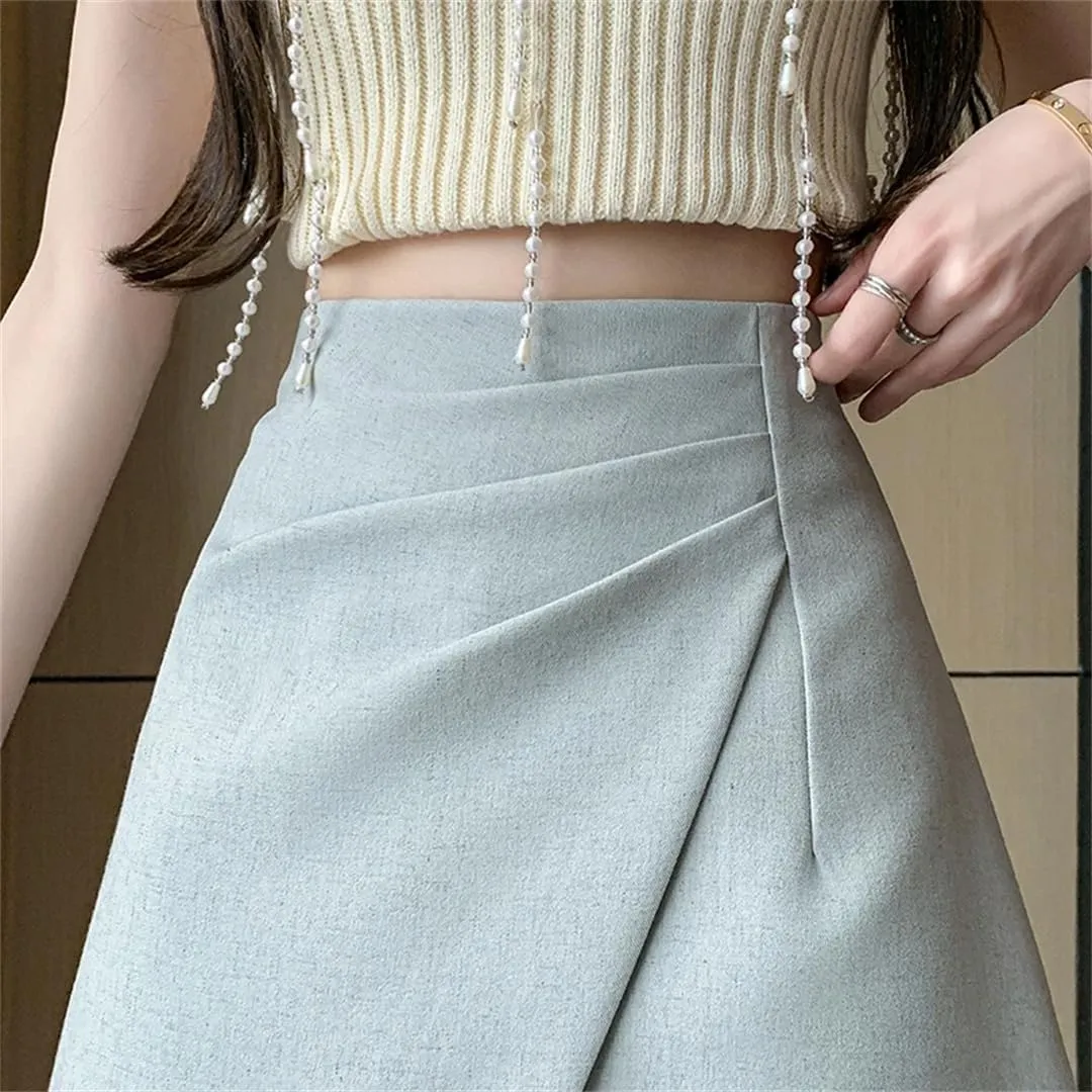 Women Summer High Waist Fold Asymmetric Short Pencil Chool Mini A-Line Skirts