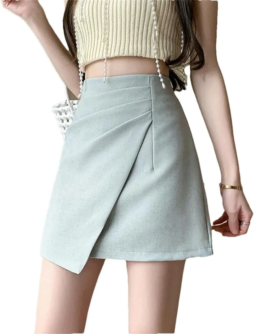 Women Summer High Waist Fold Asymmetric Short Pencil Chool Mini A-Line Skirts