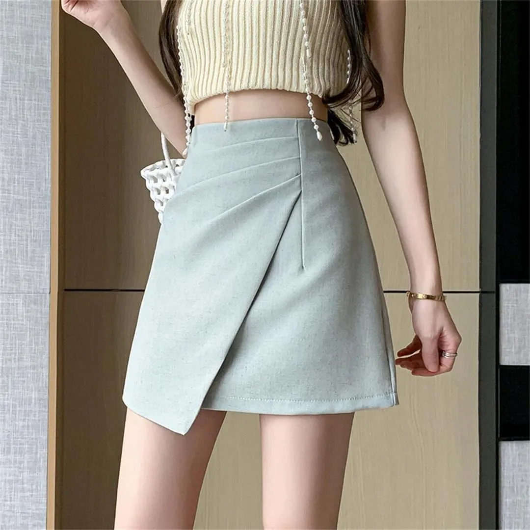 Women Summer High Waist Fold Asymmetric Short Pencil Chool Mini A-Line Skirts