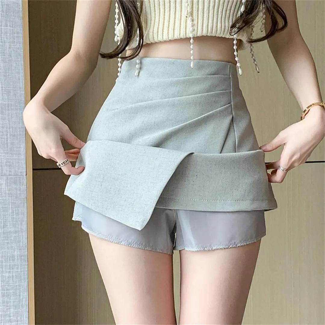 Women Summer High Waist Fold Asymmetric Short Pencil Chool Mini A-Line Skirts