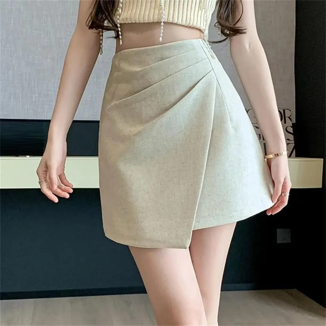 Women Summer High Waist Fold Asymmetric Short Pencil Chool Mini A-Line Skirts