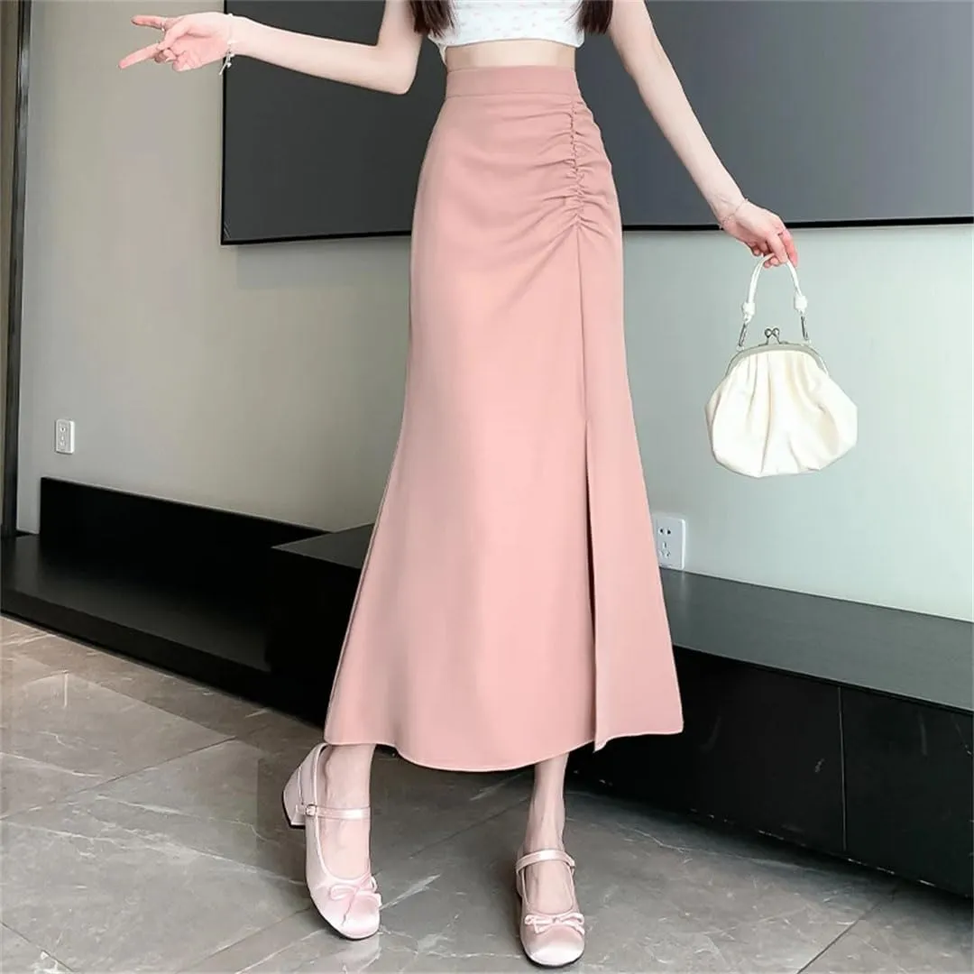 Women Summer High Waist Irregular Pleated Solid Color A-Line Skirts