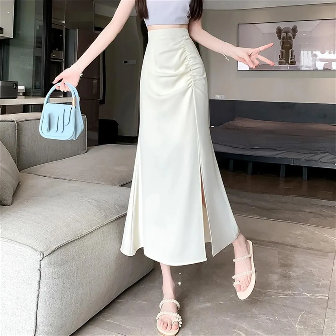 Women Summer High Waist Irregular Pleated Solid Color A-Line Skirts