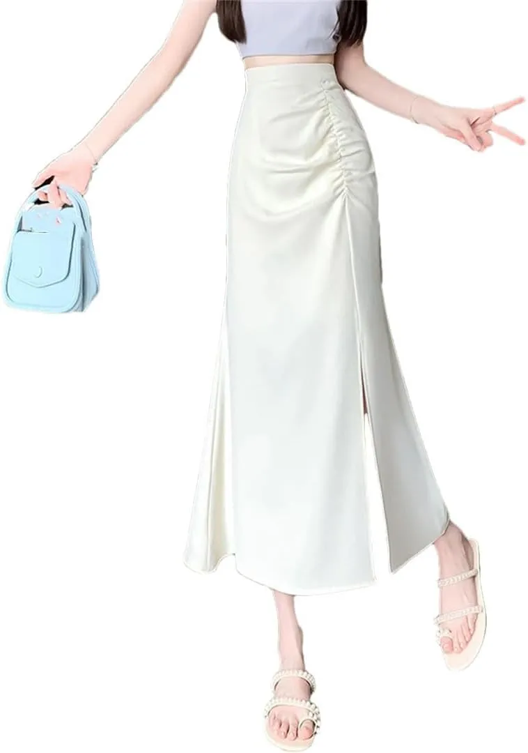 Women Summer High Waist Irregular Pleated Solid Color A-Line Skirts