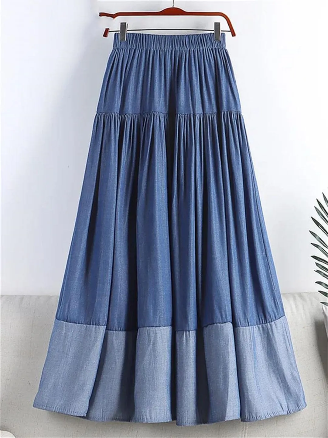 Women Vintage Long Patchwork Denim Skirt Loose Leisure High Waist A-Line Skirts