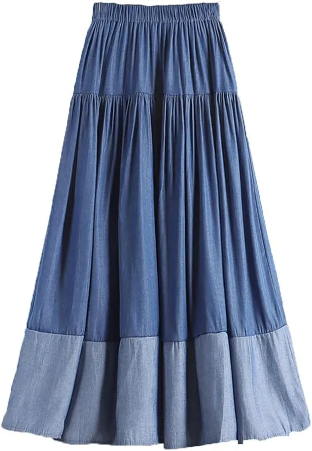 Women Vintage Long Patchwork Denim Skirt Loose Leisure High Waist A-Line Skirts