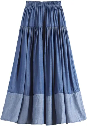 Women Vintage Long Patchwork Denim Skirt Loose Leisure High Waist A-Line Skirts