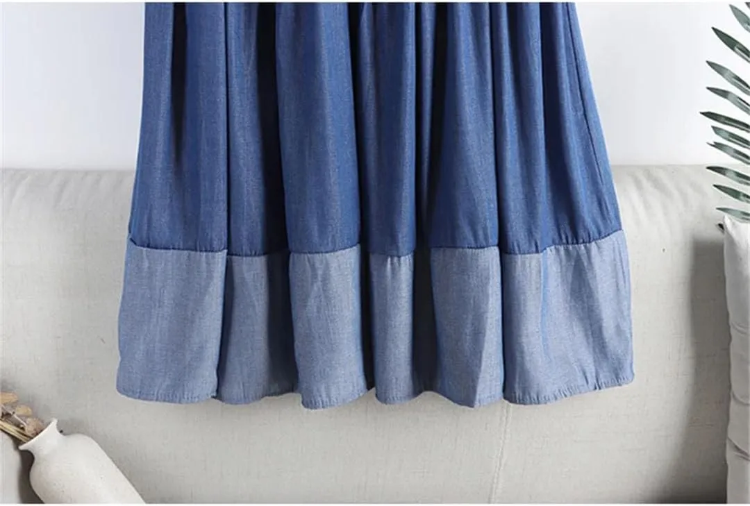 Women Vintage Long Patchwork Denim Skirt Loose Leisure High Waist A-Line Skirts