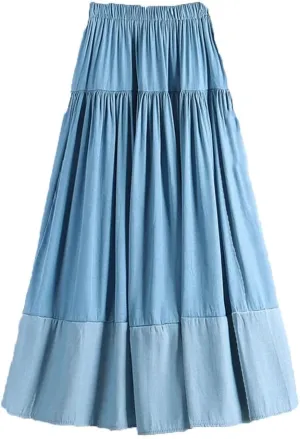 Women Vintage Long Patchwork Denim Skirt Loose Leisure High Waist A-Line Skirts