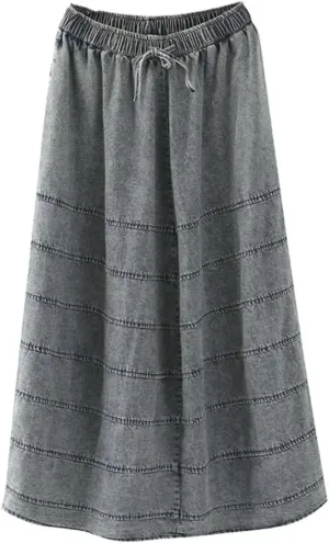 Women Vintage Striped Denim Skirt Elastic Waist Casual Loose A-Line Skirts