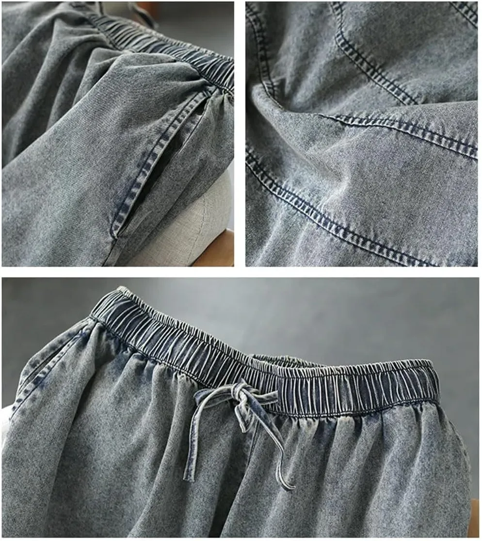 Women Vintage Striped Denim Skirt Elastic Waist Casual Loose A-Line Skirts