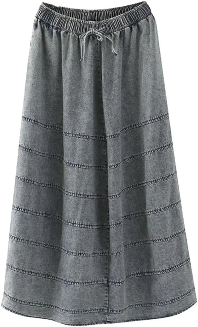 Women Vintage Striped Denim Skirt Elastic Waist Casual Loose A-Line Skirts