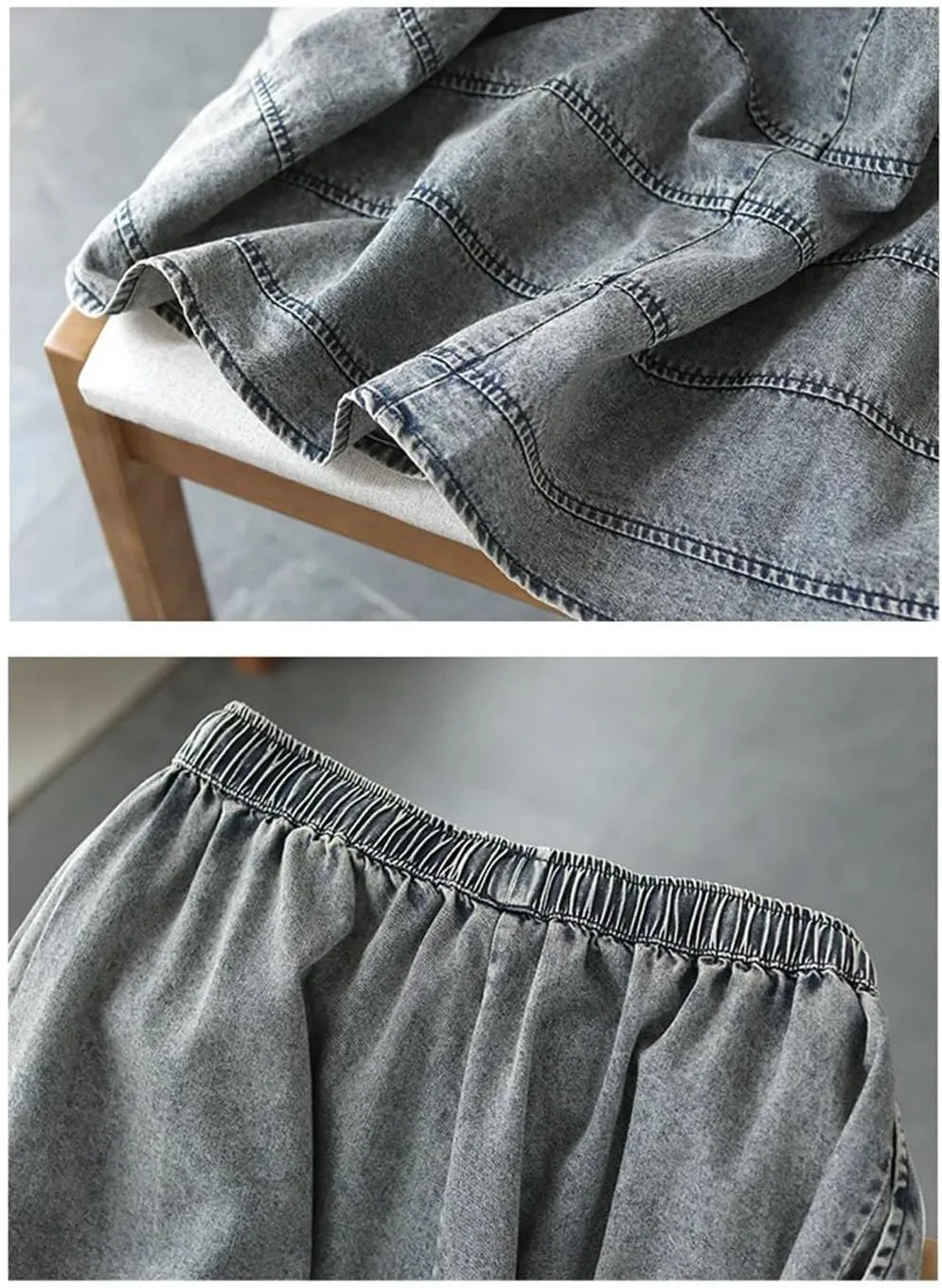 Women Vintage Striped Denim Skirt Elastic Waist Casual Loose A-Line Skirts