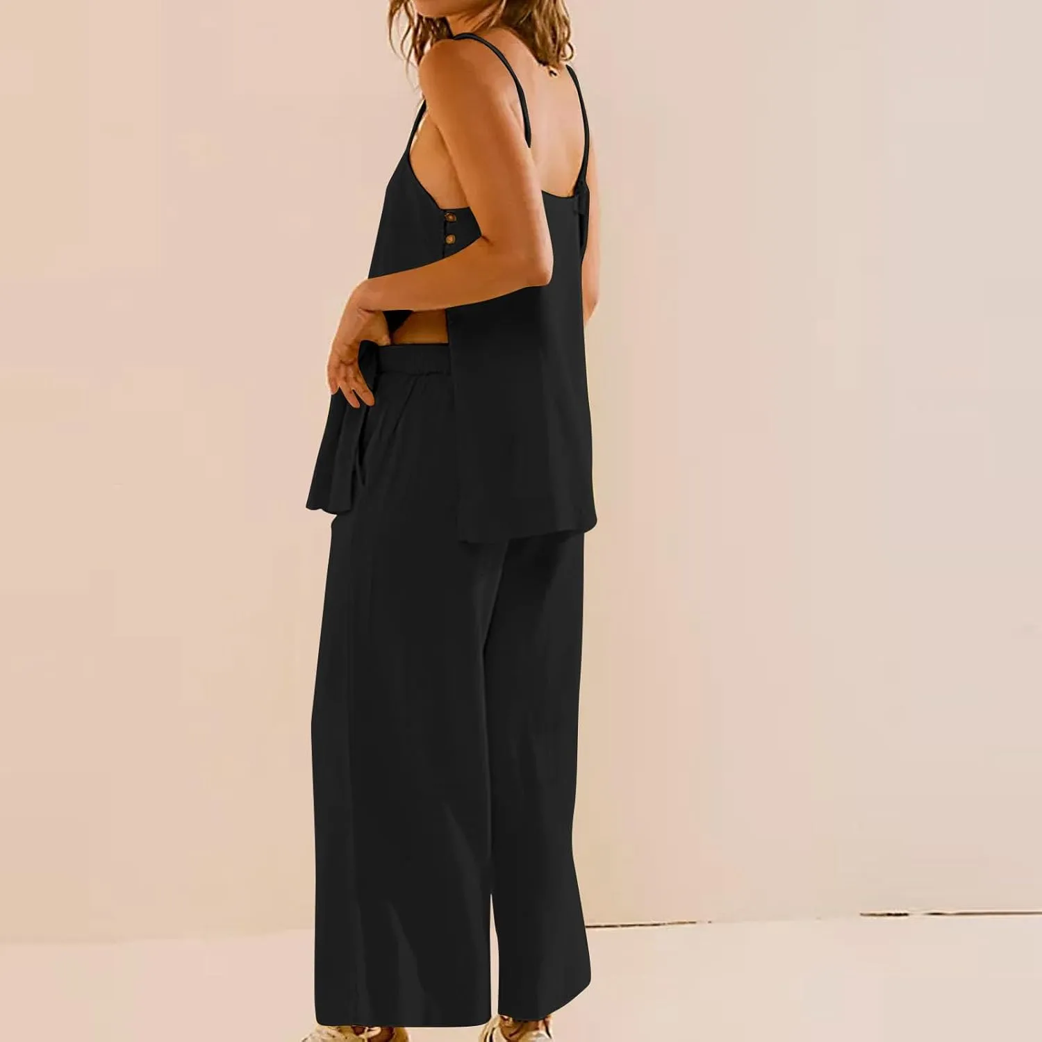 Women's 2 Piece Lounge Sets 2025 Casual Summer Beach Cami Top and Wide Leg Long Pant Matching Set Vacation Outfits