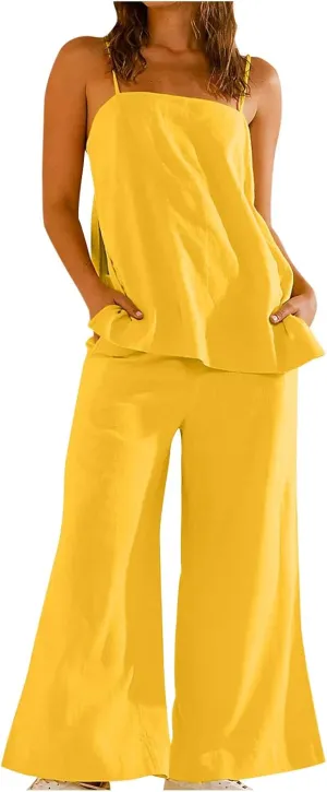 Women's 2 Piece Lounge Sets 2025 Casual Summer Beach Cami Top and Wide Leg Long Pant Matching Set Vacation Outfits
