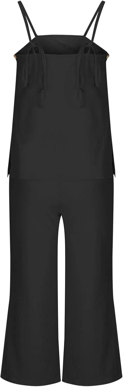 Women's 2 Piece Lounge Sets 2025 Casual Summer Beach Cami Top and Wide Leg Long Pant Matching Set Vacation Outfits