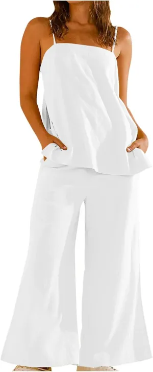 Women's 2 Piece Lounge Sets 2025 Casual Summer Beach Cami Top and Wide Leg Long Pant Matching Set Vacation Outfits