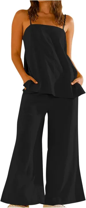 Women's 2 Piece Lounge Sets 2025 Casual Summer Beach Cami Top and Wide Leg Long Pant Matching Set Vacation Outfits