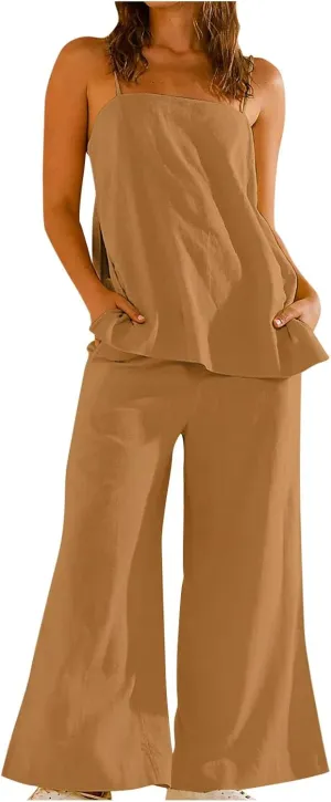 Women's 2 Piece Lounge Sets 2025 Casual Summer Beach Cami Top and Wide Leg Long Pant Matching Set Vacation Outfits
