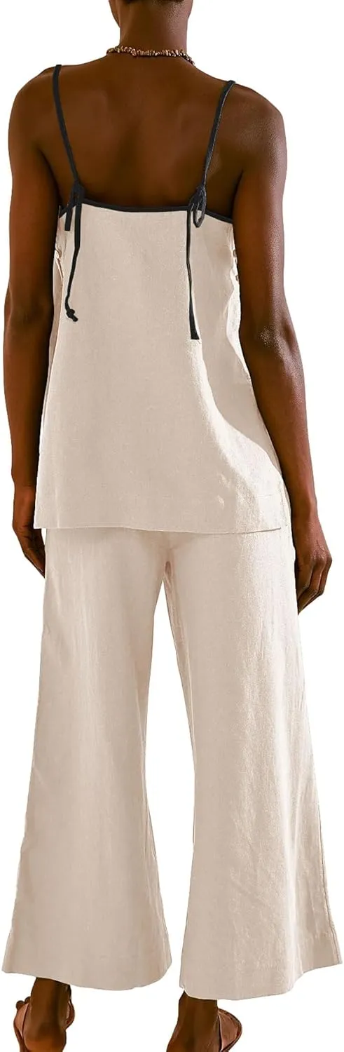 Womens 2 Piece Outfits Cotton Linen Set Spaghetti Strap Cami Top and Wide Leg Pants Matching Sets