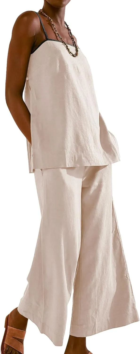 Womens 2 Piece Outfits Cotton Linen Set Spaghetti Strap Cami Top and Wide Leg Pants Matching Sets