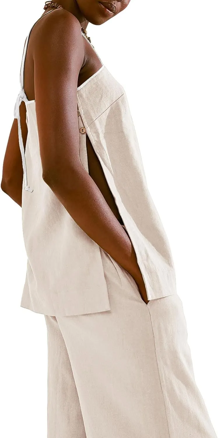 Womens 2 Piece Outfits Cotton Linen Set Spaghetti Strap Cami Top and Wide Leg Pants Matching Sets