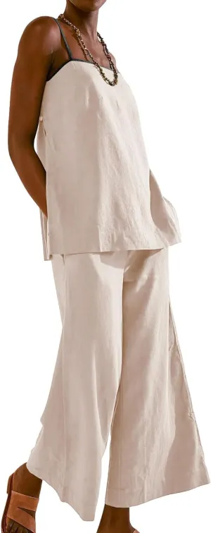 Womens 2 Piece Outfits Cotton Linen Set Spaghetti Strap Cami Top and Wide Leg Pants Matching Sets