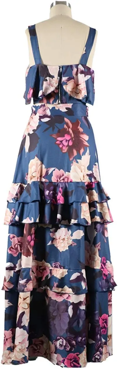Women's 2 Piece Ruffle Cami Top Maxi Skirt Dress Set Flounce Floral Summer Wrap Skirt Dress