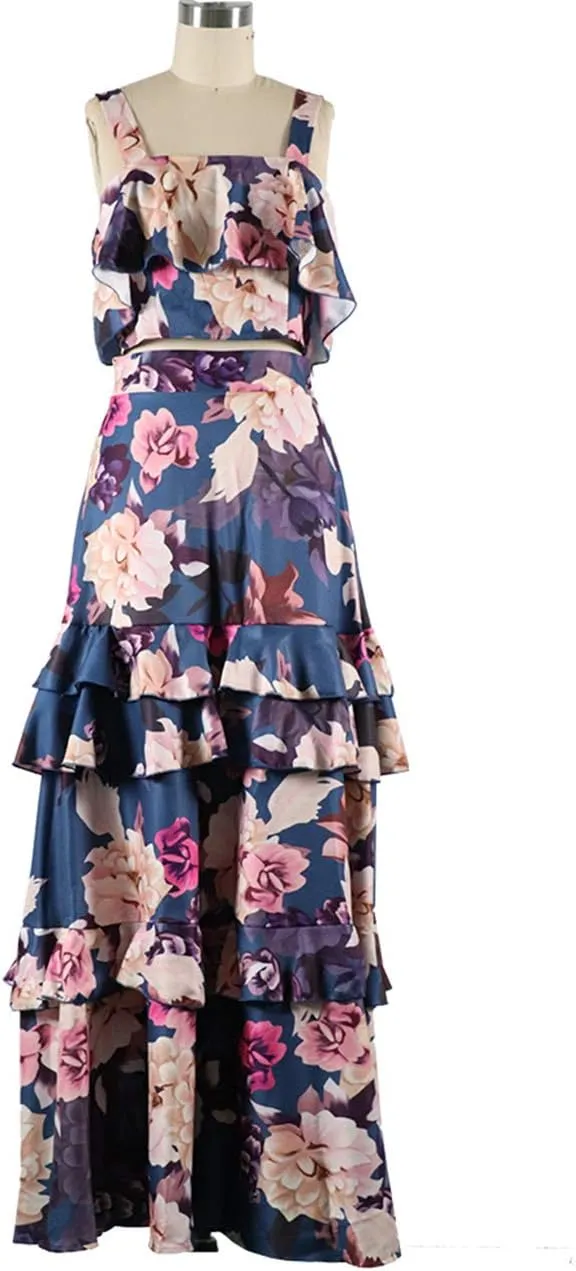 Women's 2 Piece Ruffle Cami Top Maxi Skirt Dress Set Flounce Floral Summer Wrap Skirt Dress