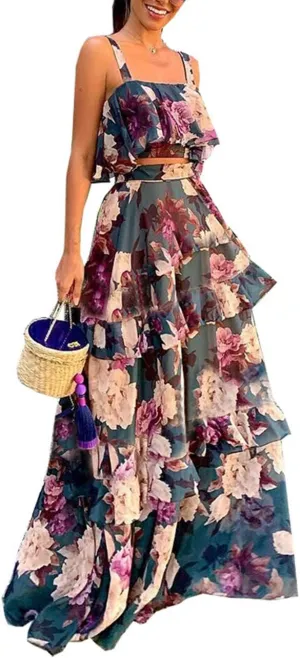 Women's 2 Piece Ruffle Cami Top Maxi Skirt Dress Set Flounce Floral Summer Wrap Skirt Dress