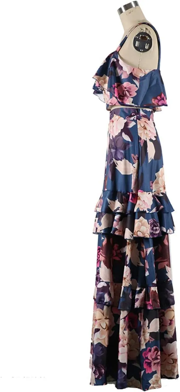 Women's 2 Piece Ruffle Cami Top Maxi Skirt Dress Set Flounce Floral Summer Wrap Skirt Dress