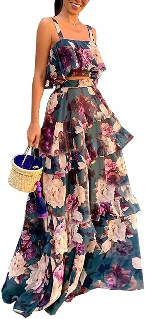 Women's 2 Piece Ruffle Cami Top Maxi Skirt Dress Set Flounce Floral Summer Wrap Skirt Dress