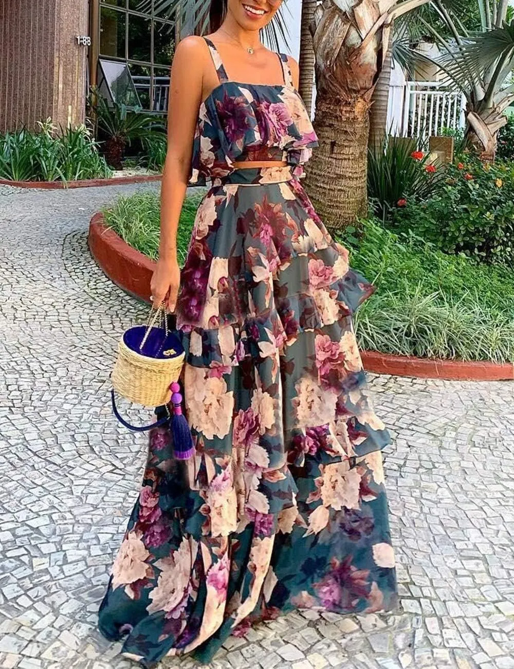 Women's 2 Piece Ruffle Cami Top Maxi Skirt Dress Set Flounce Floral Summer Wrap Skirt Dress