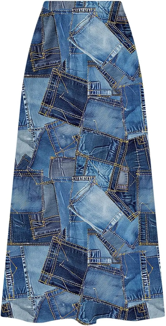 Women's 2025 Summer Printed Long Skirts Trendy Loose Fitted Skirt Pretty High Waist A-Line Maxi Skirt for Ladies