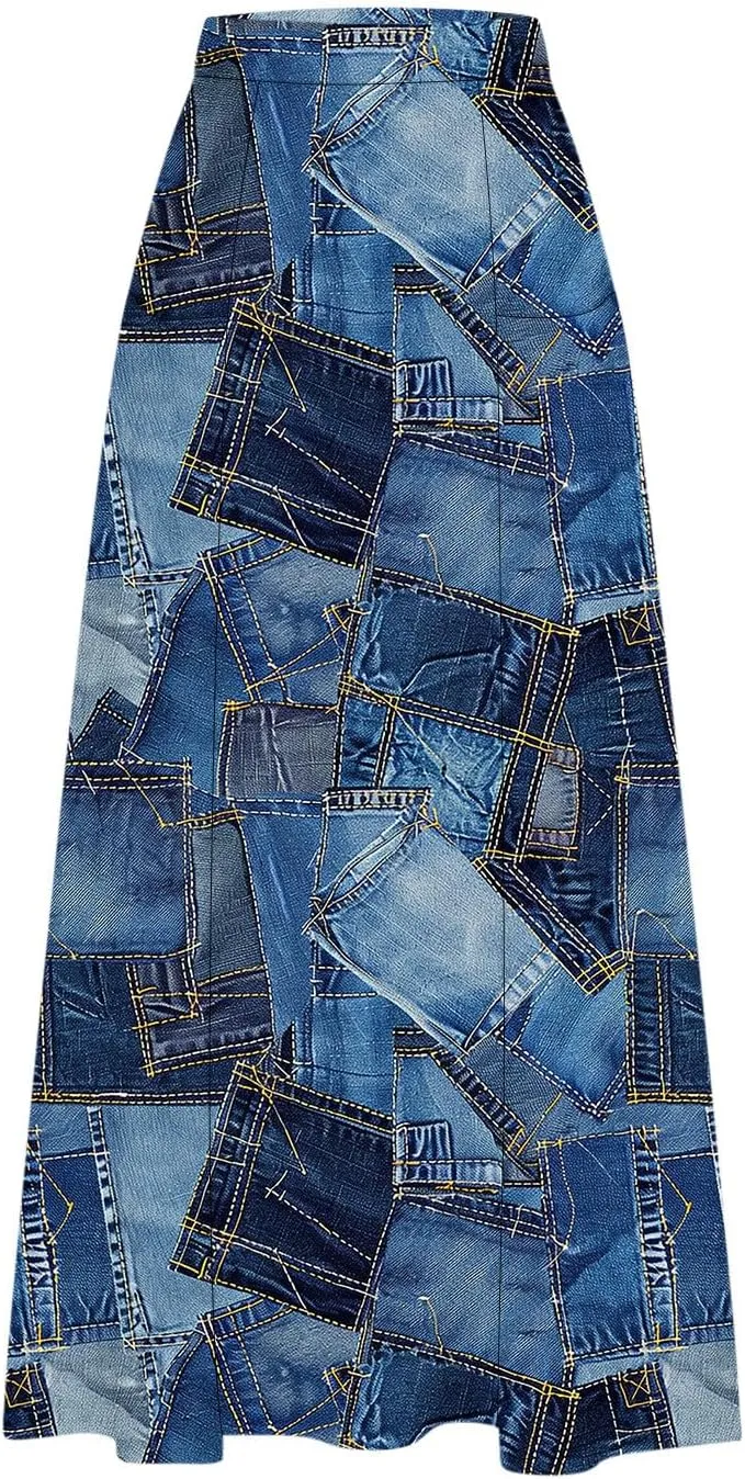 Women's 2025 Summer Printed Long Skirts Trendy Loose Fitted Skirt Pretty High Waist A-Line Maxi Skirt for Ladies