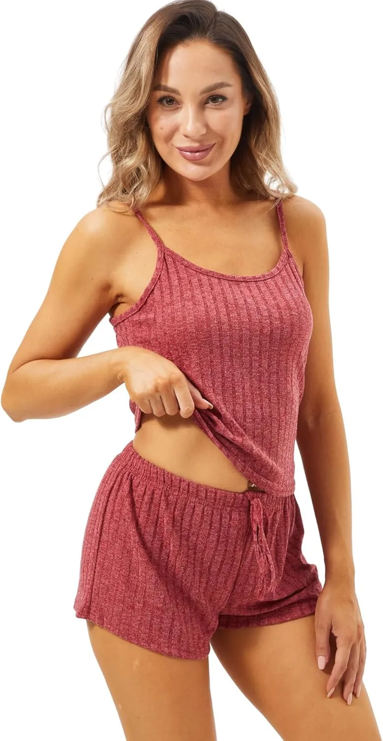 Women's 4 Sets Ribbed Pajamas Set Sleeveless Sleepwear knit Lounge Set Loungewear Crop Cami Top Shorts Pajama