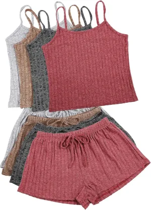 Women's 4 Sets Ribbed Pajamas Set Sleeveless Sleepwear knit Lounge Set Loungewear Crop Cami Top Shorts Pajama