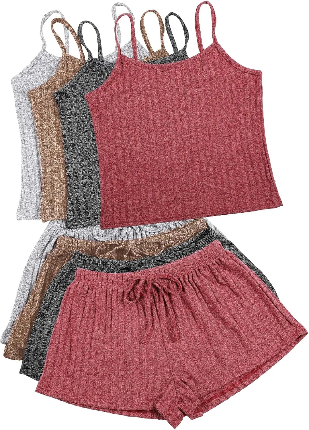 Women's 4 Sets Ribbed Pajamas Set Sleeveless Sleepwear knit Lounge Set Loungewear Crop Cami Top Shorts Pajama