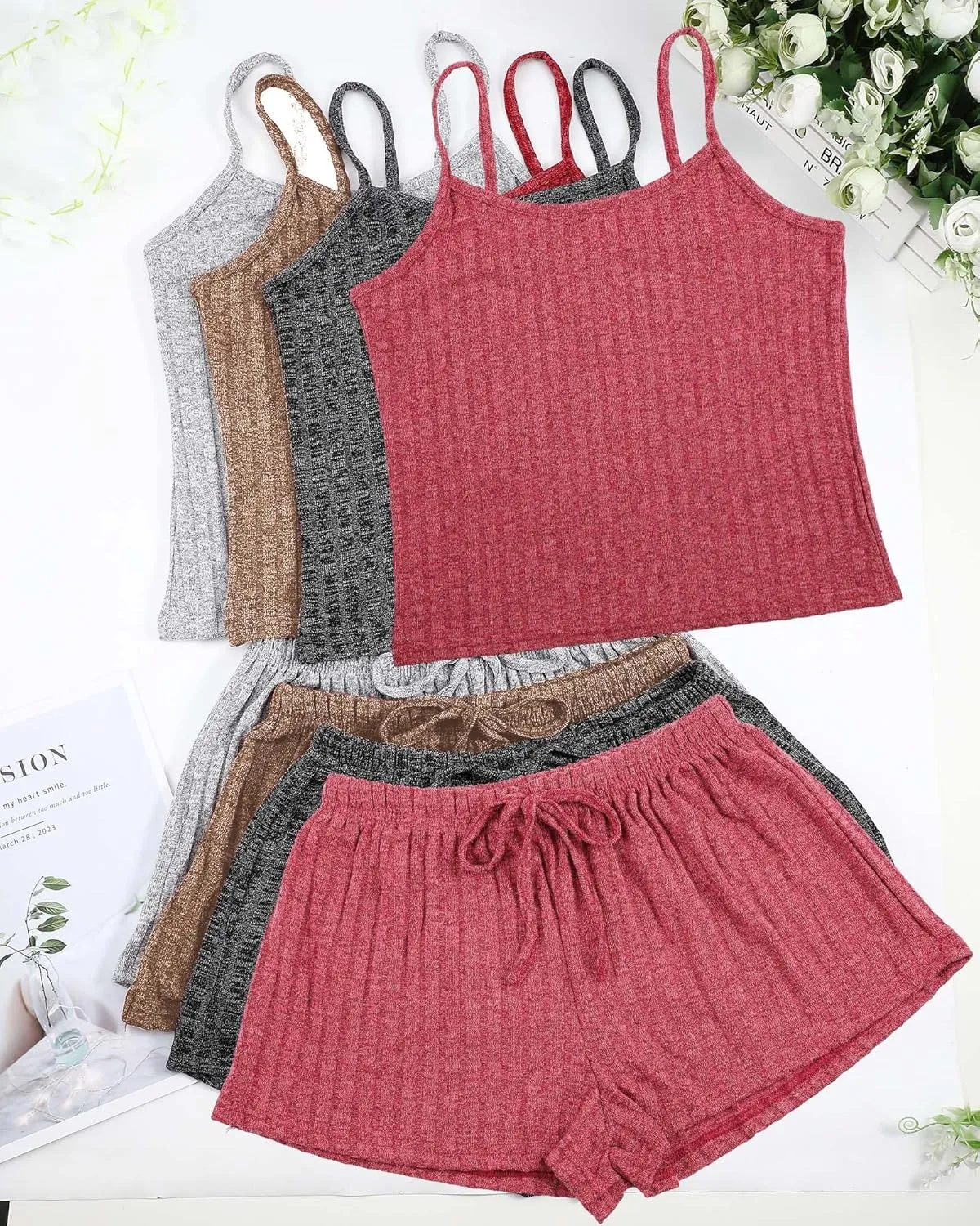 Women's 4 Sets Ribbed Pajamas Set Sleeveless Sleepwear knit Lounge Set Loungewear Crop Cami Top Shorts Pajama