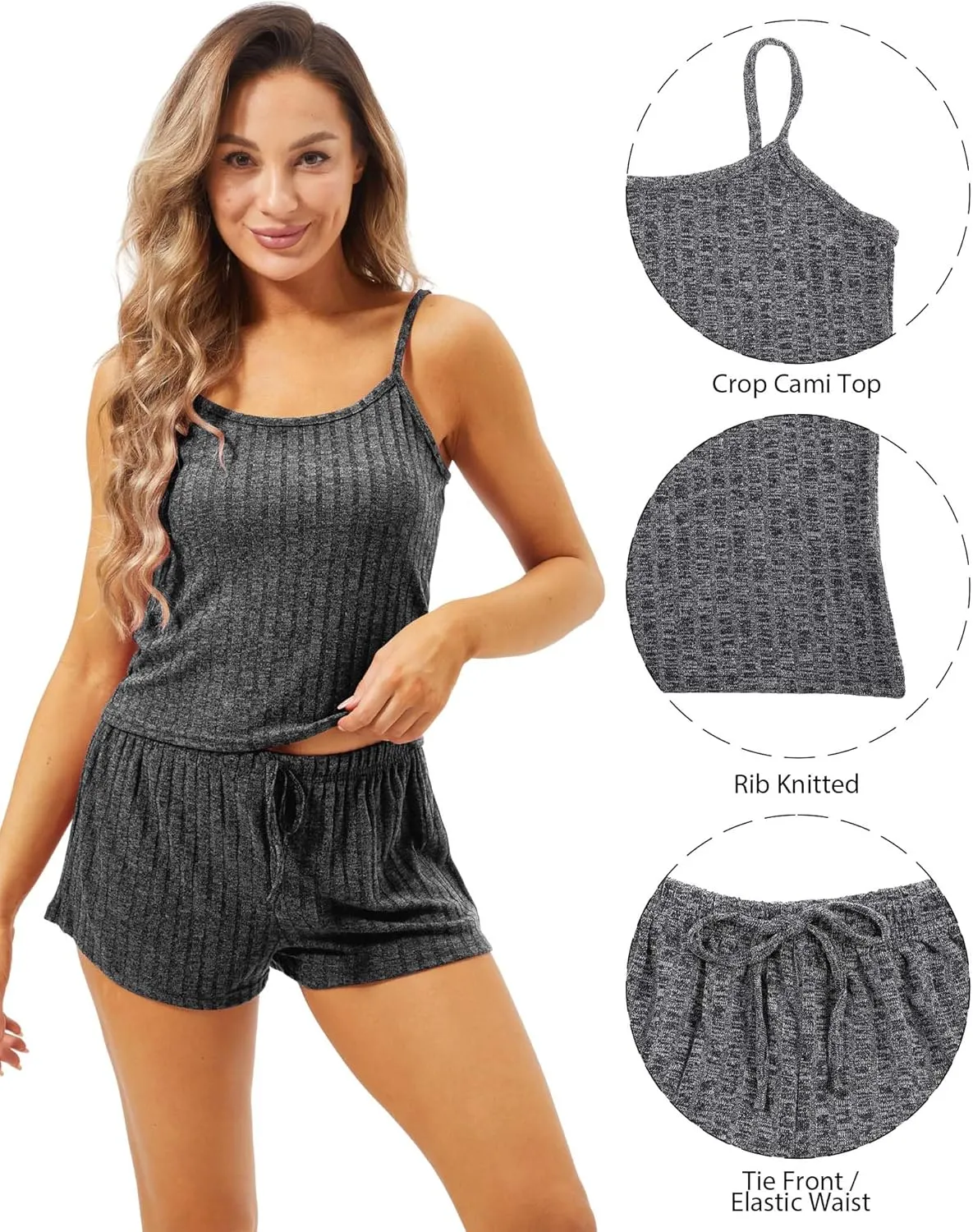 Women's 4 Sets Ribbed Pajamas Set Sleeveless Sleepwear knit Lounge Set Loungewear Crop Cami Top Shorts Pajama