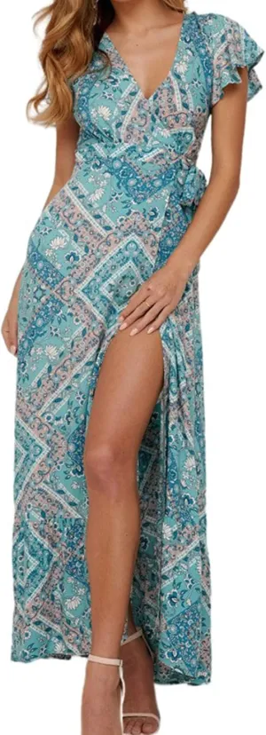 Women's Bohemian Dresses Short Sleeve Wrap V Neck Dress Summer Floral Print Dress Split Beach Party Maxi Dress