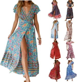 Women's Bohemian Dresses Short Sleeve Wrap V Neck Dress Summer Floral Print Dress Split Beach Party Maxi Dress