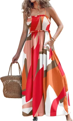 Womens Boho Dresses 2025 Casual Sleeveless Summer Spaghetti Strap Slip Dress Long Floral Dresses Flowy Bohemian Dress